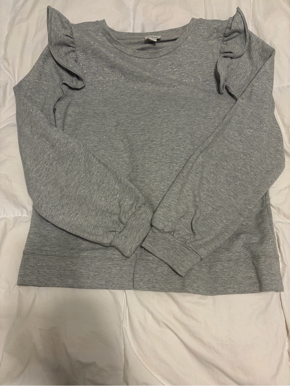 J. Crew Heather Gray Sparkle Ruffle Shoulder Sweatshirt